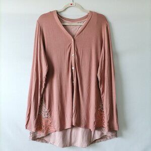 LOGO by Lori Goldstein Rust Pink Lace Back Cardigan and Tank Twinset Size Large
